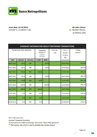Download Cuba Banco Metropolitano bank statement excel Photoshop template
